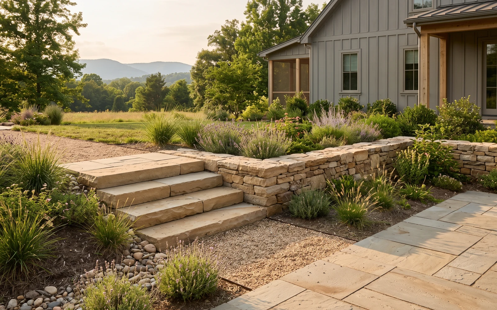 Generated Daleville hardscape planning concept showing a distinct hardscape material and transition detail
